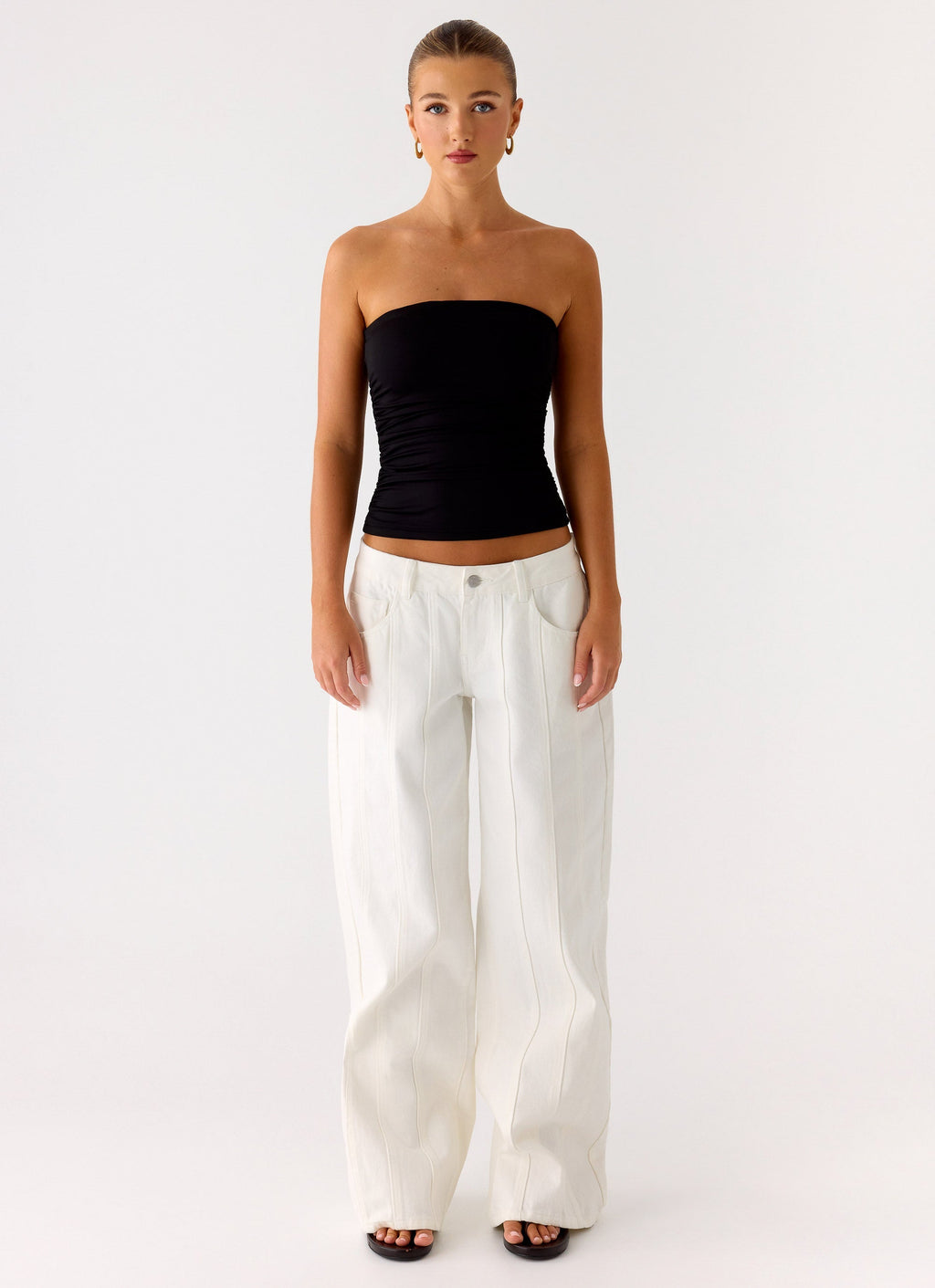 Adrienna | Black Strapless Top with Ruched Sides | Flattering Fit for Effortless Style