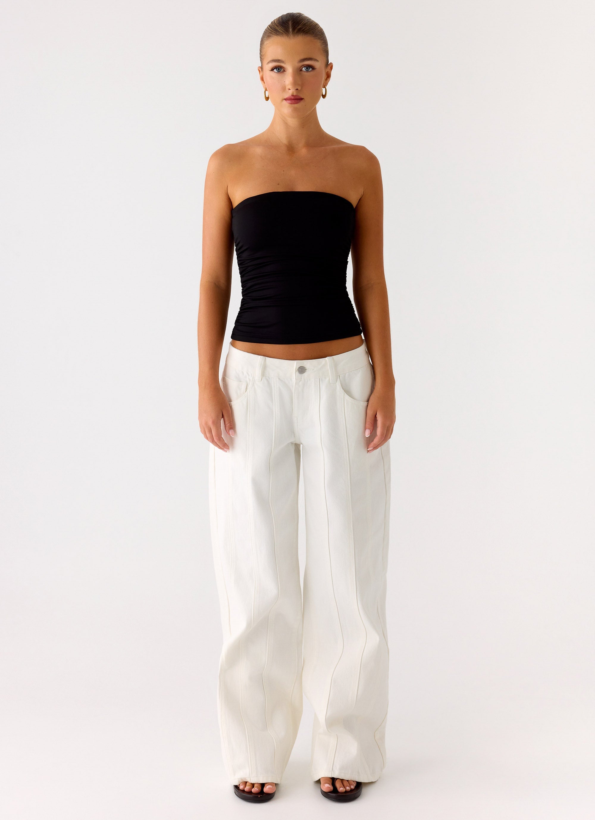 Adrienna | Black Strapless Top with Ruched Sides | Flattering Fit for Effortless Style