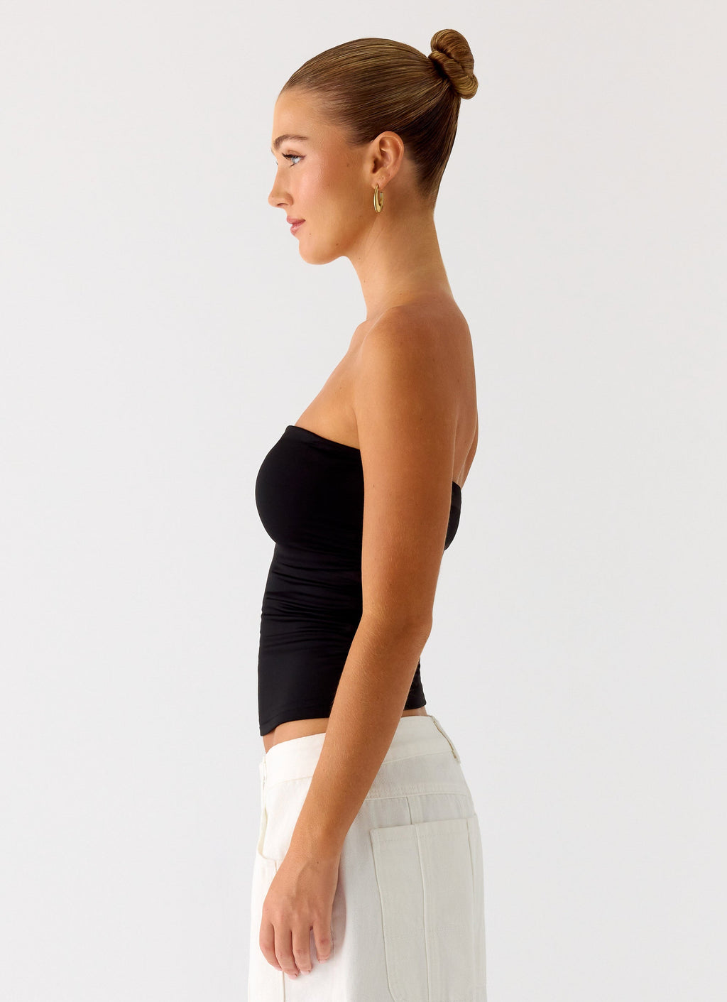 Adrienna | Black Strapless Top with Ruched Sides | Flattering Fit for Effortless Style