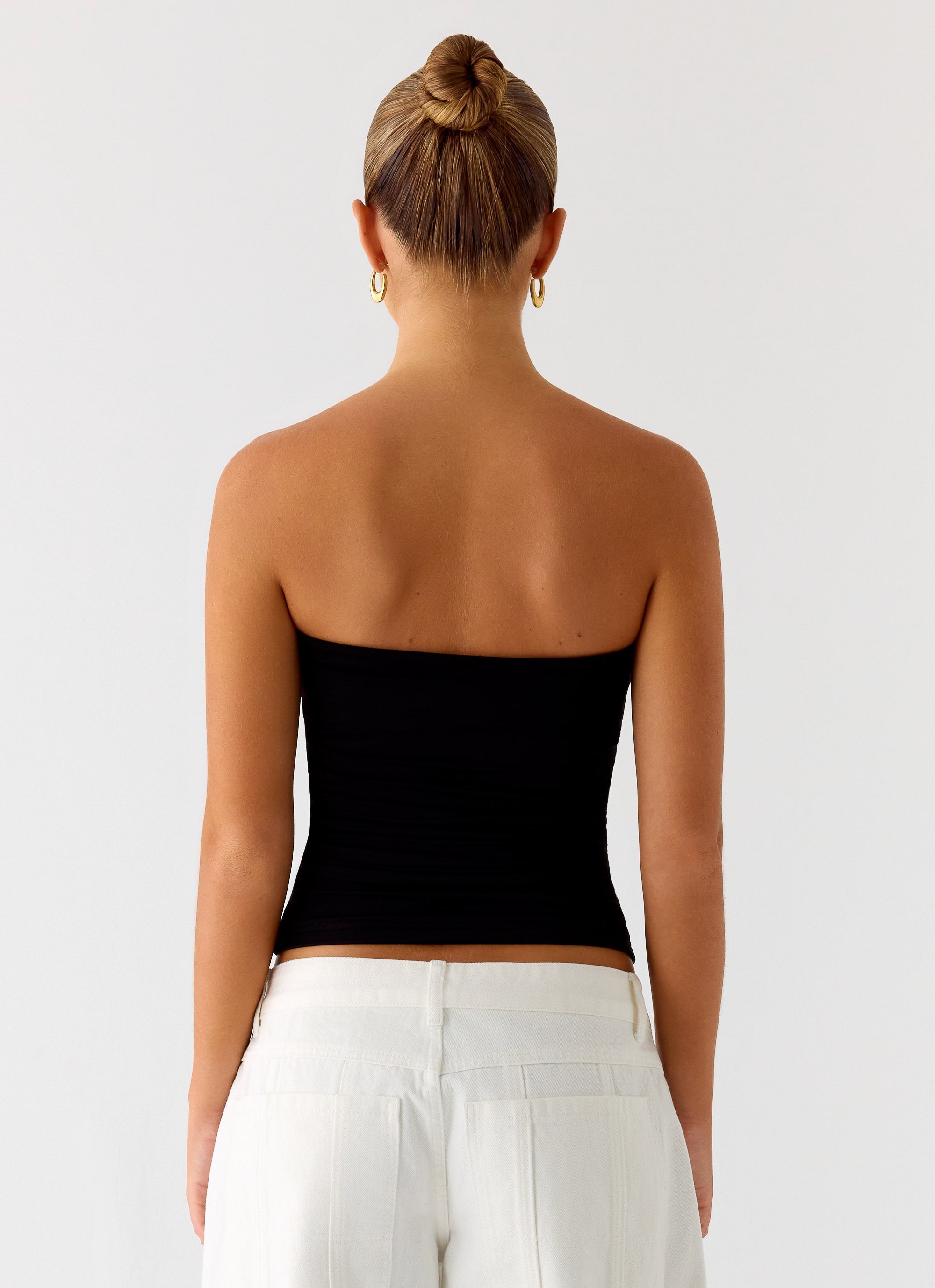 Adrienna | Black Strapless Top with Ruched Sides | Flattering Fit for Effortless Style