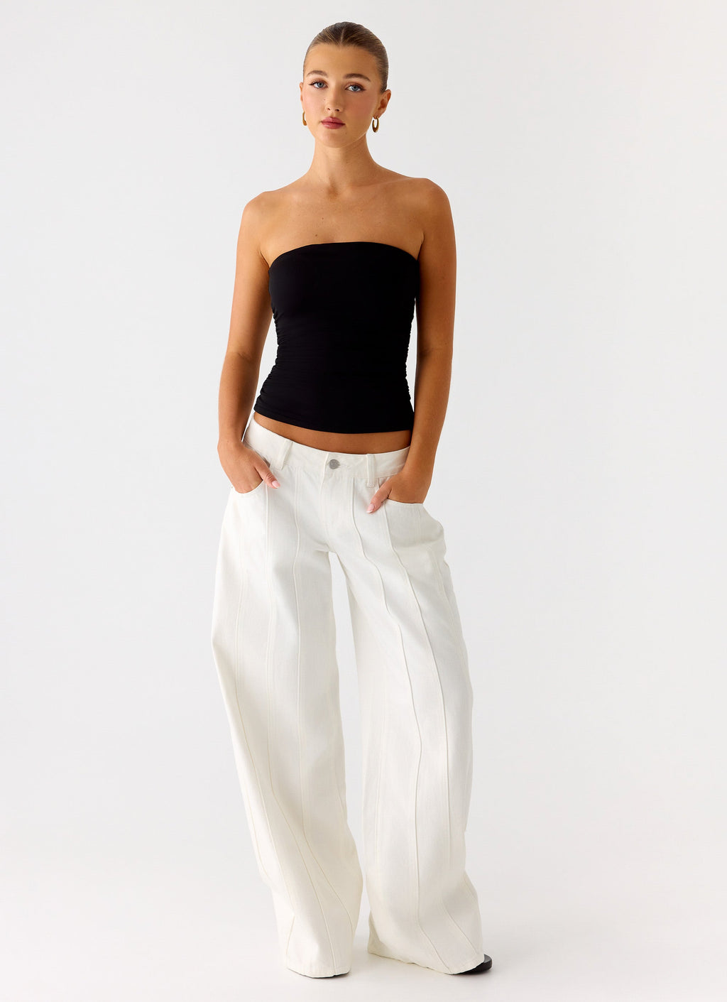 Adrienna | Black Strapless Top with Ruched Sides | Flattering Fit for Effortless Style