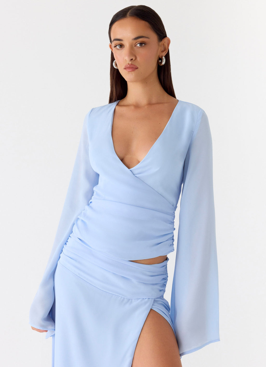 Chic Evening Tops | Women's V-Neck Wrap Blouse with Bell Sleeves | Stylish Elegance for Night Out